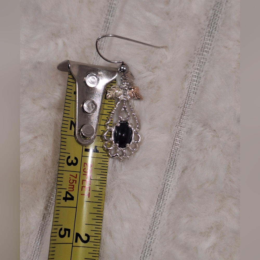 C.C. Co Sterling Silver Black Hills Gold Onyx Drop Earrings 12k Gold Leaves - Picture 8 of 11